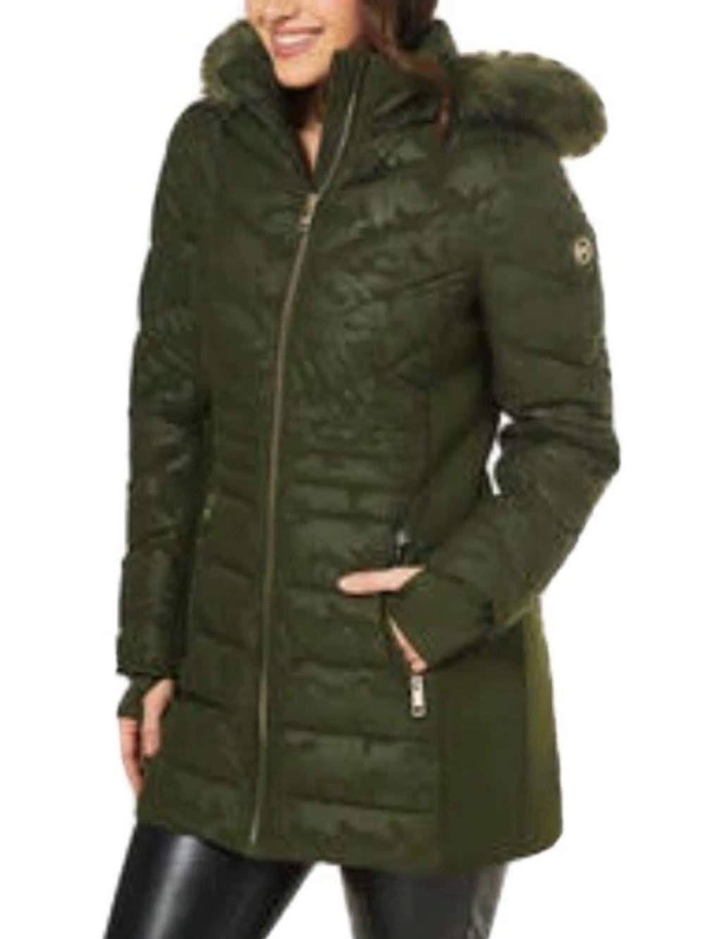 Michael Kors Olive Camo Green Quilted Puffer Coat with Faux Fur Hood